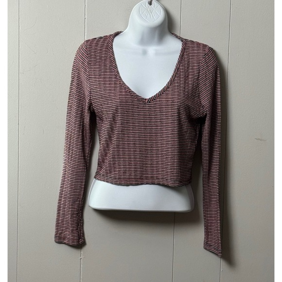 Cotton On Tops - Cotton On Women's Striped Ribbed V-Neck Long Sleeve Crop Top Red Blue White Sz L